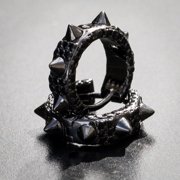 Mens Black Plated Sterling Silver Fully Iced Cz Spike Thorn Small Hoop Earrings - Picture 3 of 4